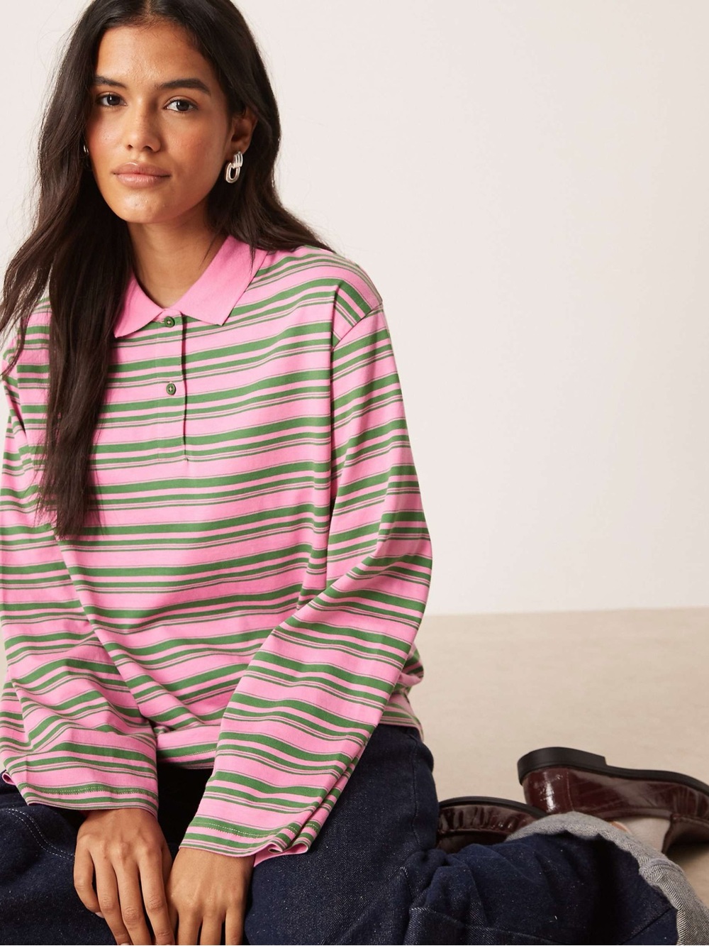 AWARE Striped Pink and Green Polo-Style Crew Sweater